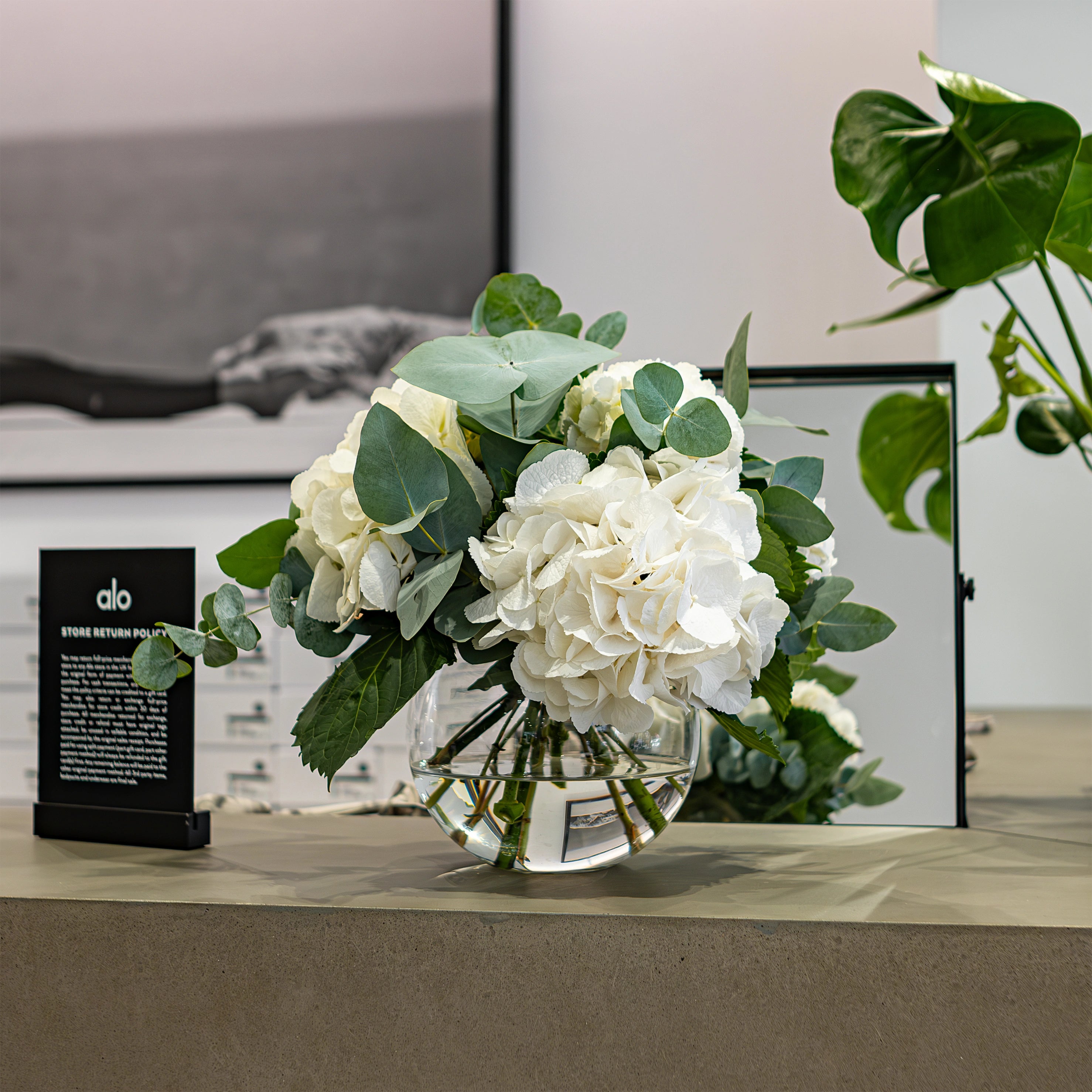 Elegant floral arrangement of white hydrangeas and eucalyptus leaves in a clear vase on a counter at Alo Regent Street Store Grand Opening. This image features a fresh white and green colour palette that complements the store's modern, minimalist aesthetic, enhancing the luxurious ambience - Amaranté London