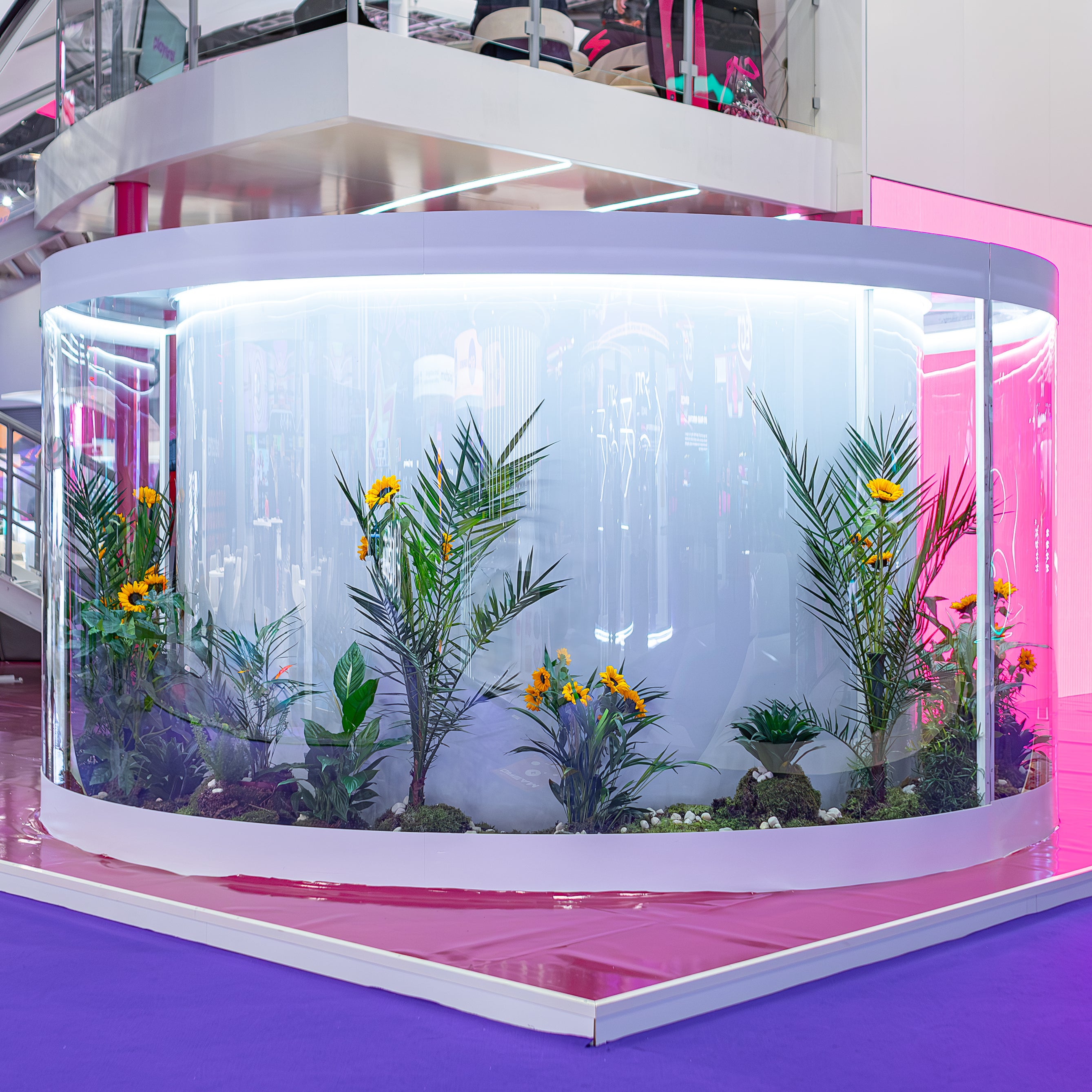 Luxury floral arrangement at the The ICE London Exhibition featuring bright yellow blooms set in a curved glass enclosure