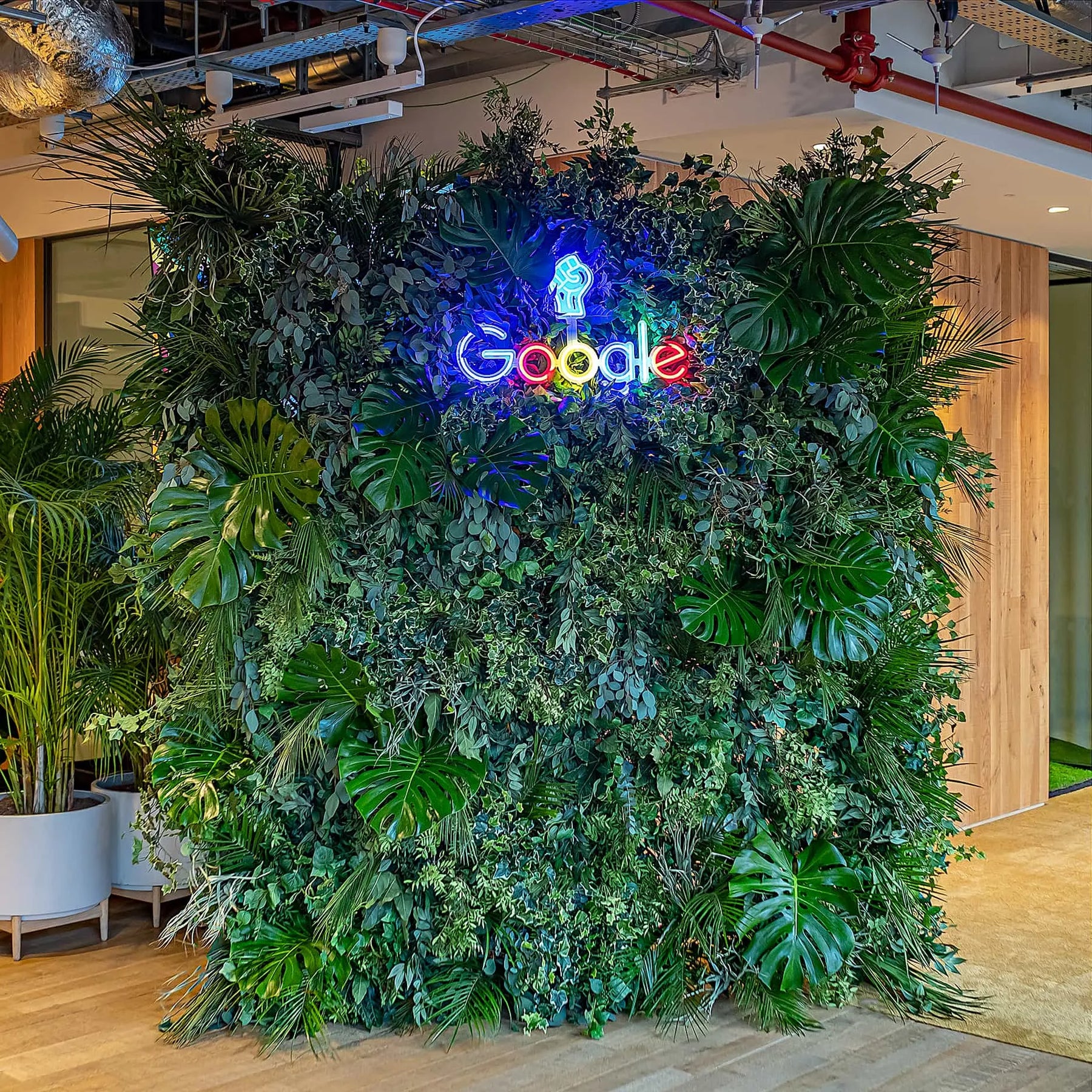Lush green flower wall installation by Amaranté London for Google's Black History Month celebration, featuring dense foliage and a neon Google logo, blending nature with technology in a dynamic corporate environment.