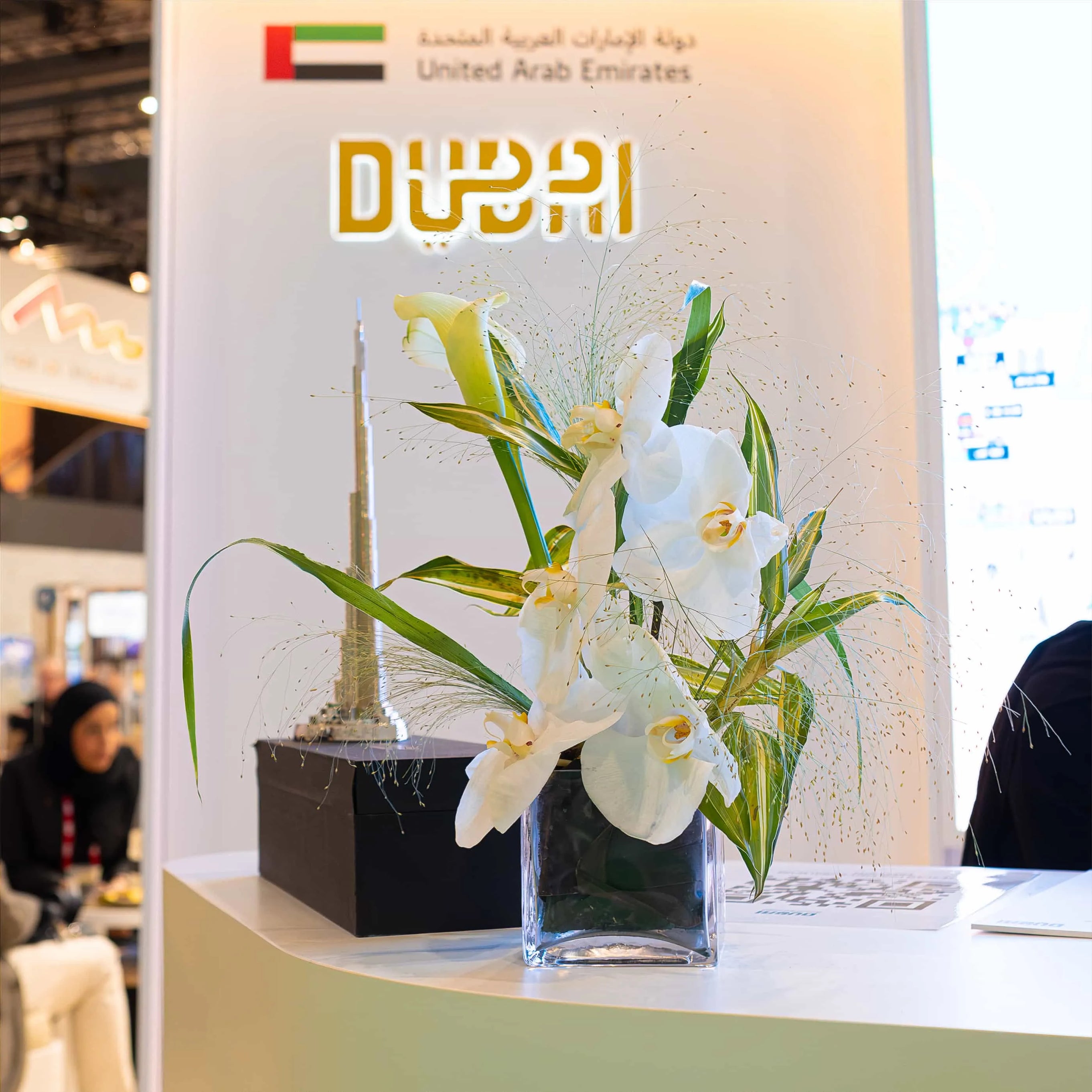 An elegant bouquet of white orchids is on display in the UAE booth at WTM in London. A minimalist yet sophisticated touch for this corporate booth.
