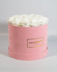 Sophisticated white Roses in an enchanting pink suede box 